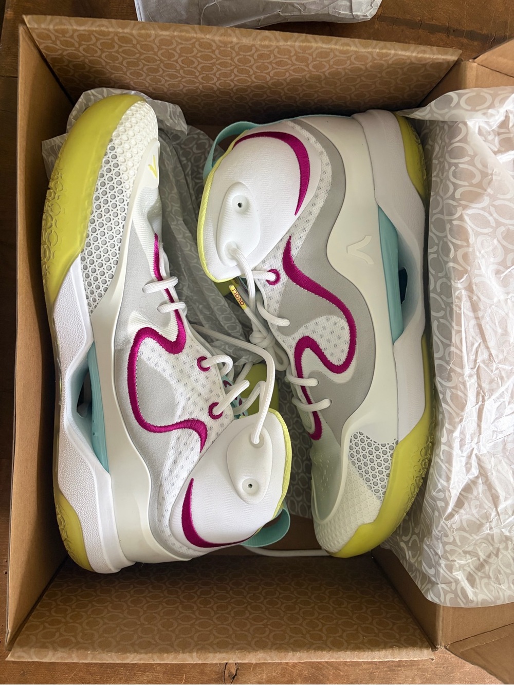 Avoli volleyball shoes White with Pink & Yellow Accents